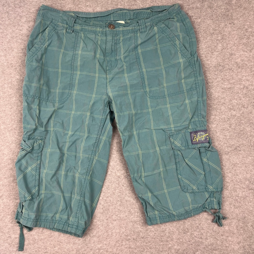 Life is Good Cargo Shorts Women 12 Teal Plaid Optimist By Nature Drawstring Hem